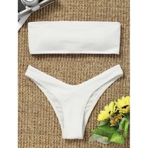 Zaful White High Cut Ribbed Bandeau Bikini